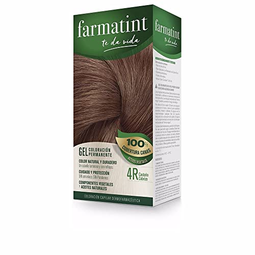 Farmatint Gel 4R castanho cobre, tinta vegetal permanente, sem amoníaco, cobertura completa de cabelos brancos, cuidado e proteja o seu cabelo, unidade de 170 ml, a embalagem pode variar