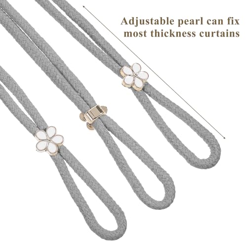 DOPENSPI 4 Stück Handgewebte Blumen Vorhang Raffhalter, 53cm Gardinenhalter ohne Bohren mit Verstellbare Curtain Rope Buckle Boho Raffhalter für Vorhänge Dekoration Wohnzimmer und Schlafzimmer(grau)