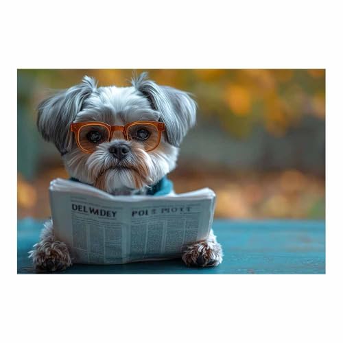 Toile Shih Tzu lisant le journal décoration murale gris pour un salon cosy et original
