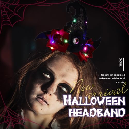 Ushiny Halloween Stirnbänder mit Lichtern für Frauen schwarzes Festival Stirnband Augapfel Party Kopfbedeckung Hexenhut LED Rave Accessoires für Frauen