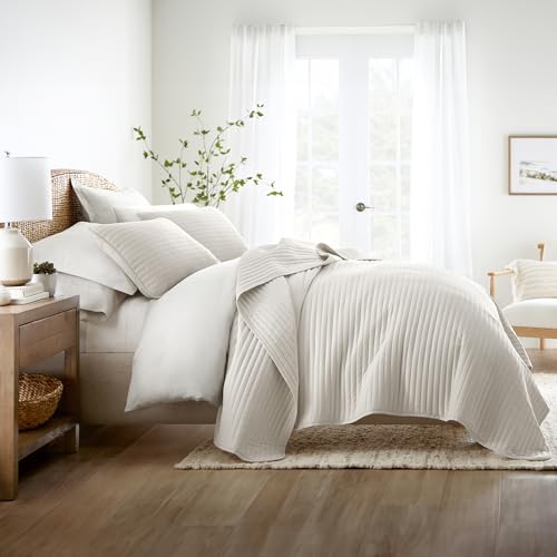 Linen Market Quilt Coverlet Set All Season Microfiber Modern Ultra Soft Bedding in Stripes Stitch - King/Cal-King Stripes Stitch Natural