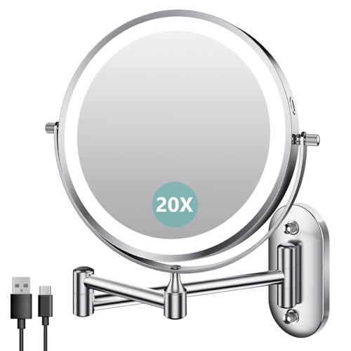 Auxmir Espejo Maquillaje con Luz Recargable, Aumento 1X/20X Doble Cara Giratorio 360, Espejo Baño Pared Extensible Táctil con USB, 3 Colores Brillo Regulable, para Hotel, Plata