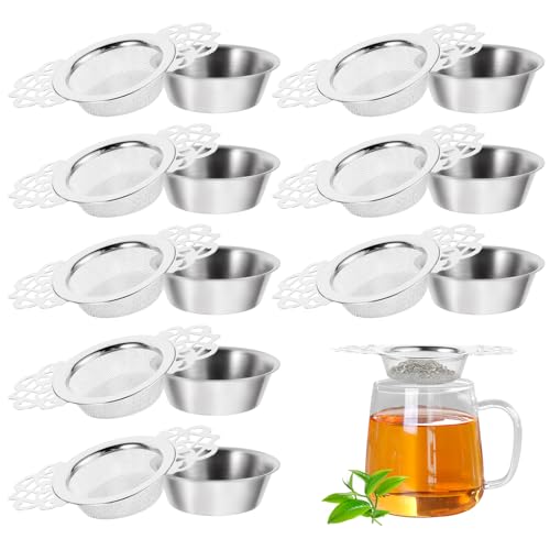JJUNW 8 Pack Mesh Tea Filter Strainers, Stainless Metal Tea Infuser With Petal Handles and Drip Bowl Tea Steeper for Loose Tea