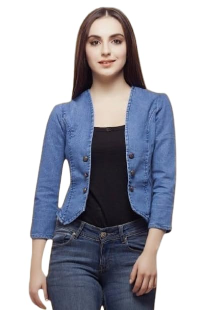 Wingzss Women's Cropped Denim Jacket, Three Quarter Sleeve, Button Front, Light Blue Wash, Casual Style