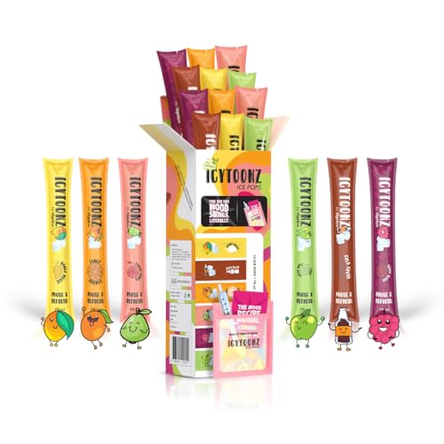 Image of ICYTOONZ Ice Pops 100% Natural Frozen Treats | 6 Refreshing Flavors - Pack of 12 | Mood Infusion DIY Kit Ice Candy Sticks Popsicles | Adults Kids Fun