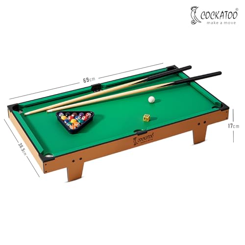 Image of Cockatoo Portable Pool Table for Kids, Indoor and Outdoor Table-(Big) Games for Kids, Billiards Game with 15 Colored Balls, 2 Pool Sticks, Cue Ball, Cue Chalk and Triangle, Size 69 * 36.5 * 17cm