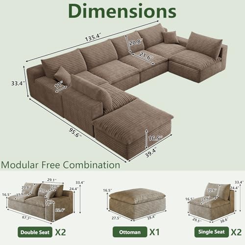 Image of 136 inch Cloud Couch Modular Sectional Sofa for Living Room, U-Shape Boneless Couch with Deep Seat, Modern Corduroy 6-Seater with Ottoman, No Assembly Required, Camel