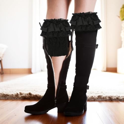 1 Pair of Womens Knit Boot Cuff Socks – Crochet Lace Trim Leg Warmers Toppers, Short Stretch Knitted Cuffs for Women, Solid Color Winter Warm Cuff Topper Gift (Black)3