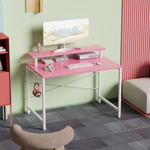 Image of Pamray 32 Inch Small Computer Desk with Monitor Stand, Simple Office Desk with Headphone Hook for Small Spaces, Kids Study Writing Table for Bedroom, Pink