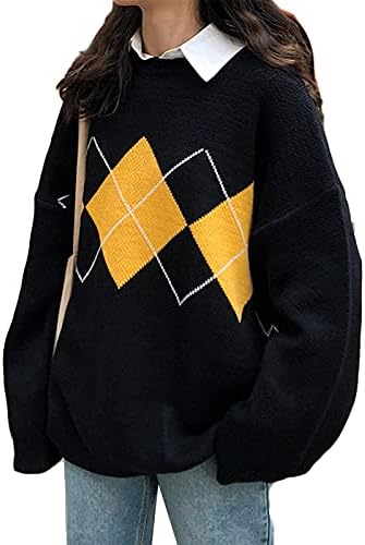 Unauty Women Argyle Knitted Oversized Sweater Pullover Casual Long Sleeve Round Neck E-Girls Preppy Style 90s Knitwear Top (Black, One Size)