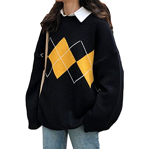 Unauty Women Argyle Knitted Oversized Sweater Pullover Casual Long Sleeve Round Neck E-Girls Preppy Style 90S Knitwear Top (Black, One Size) #TOP25