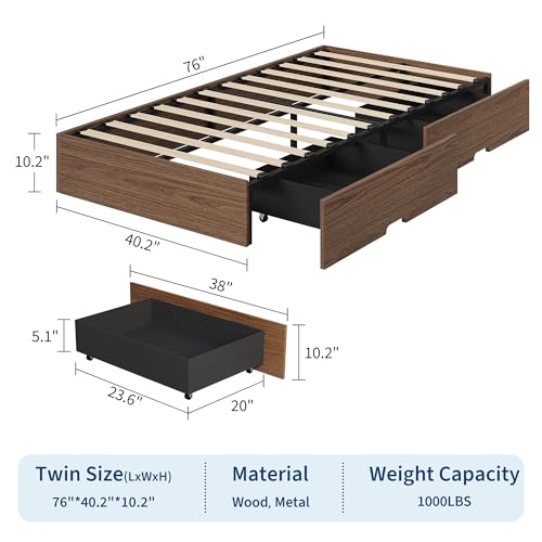 Image of GarveeHome Twin Size Wood Platform Bed Frame with 2 Storage Drawers, Wooden Bed Frame Without Headboard, Wood Slat Support, No Box Spring Needed, Easy Assembly