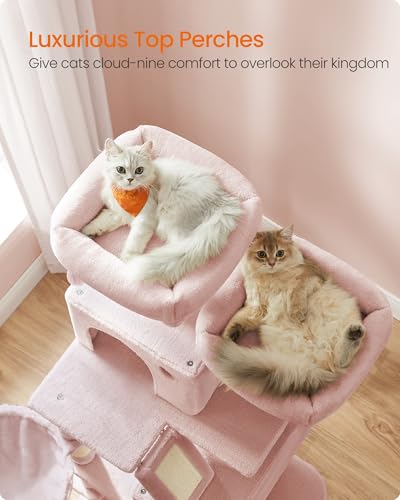 Image of Feandrea Cat Tree, 66.1-Inch Large Cat Tower, Multi-Level Plush Condo with 13 Scratching Posts, 2 Perches, 2 Caves, Basket, Hammock, Pompoms, Jelly Pink UPCT165P01