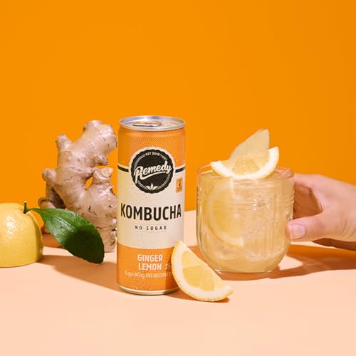 Remedy Raw Kombucha Tea - Sparkling Live Cultured Drink - Sugar Free Ginger Lemon - 250ml Can (24 Pack)