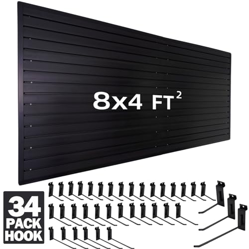 Slat Wall Paneling 4'x8' with 34 Hanging Hooks, Slatwall Panel PVC Wall Panel Black Slatwall Panels Heavy Duty with Slatwall Hanging Hook