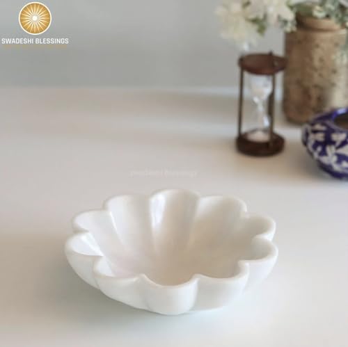 Image of SWADESHI BLESSINGS Handcrafted Marble Scalloped Urli Bowl for Home Decor | Traditional Decorative Bowl for Floating Flowers, Potpourri & Festive Decor Item | Pooja Decoration | Wedding /Return Gift, 9 inch