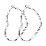 Hoop Earrings, 2in Fashion Jewelry Statement Silver Heart Hoops Earrings for Women Hypoallergenic