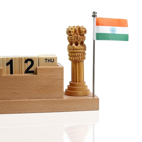 Image of Deskart Customized Multipurpose Pen Holder Stand with Ashok Stambh and Indian National Flag | Premium Wooden Desk Organizer for Office and Occassional Gifting