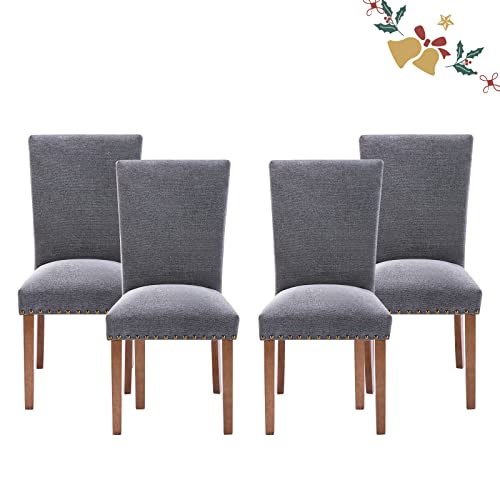 Image of Parsons Dining Chairs Set of 4, Upholstered Nailhead Dining Room Kitchen Side Chair with Thick Cushions and Wood Legs, Dark Grey
