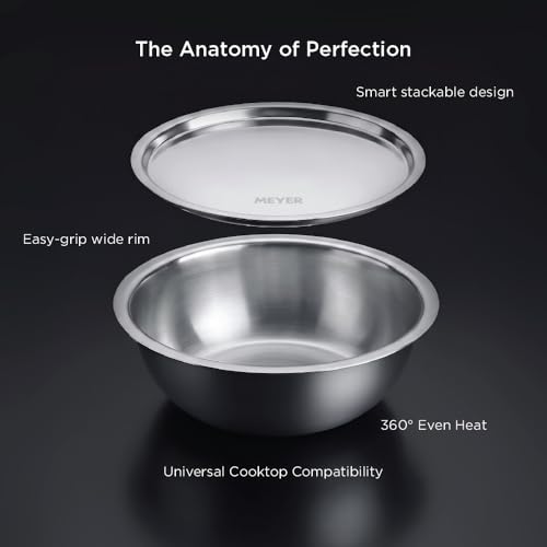 Image of Meyer Trivantage Pro Tasla, Triply Stainless Steel Cookware SS 304 Grade with Lid | Triply Tasla /Tasra Cook & Serve | Induction Base cookware | 22 CM 2.15 Liters | 10 Year Warranty | Silver