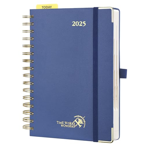POPRUN Calendar 2025, Daily Planner, Ring Binder with Hardcover 21.5 x 14.5 cm, Daily Calendar A5, 1 Day 1 Page (Monday - Sunday), Diary (Jan.2025-Dec.2025) with Plastic Ruler - Navy Blue