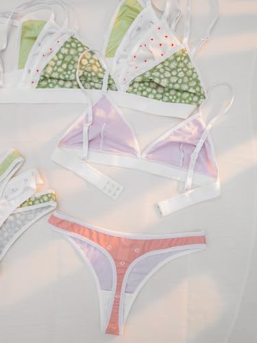 Women's 5 Sets Matching Bra and Panty Set Polka Dots Print Lingerie Set Triangle Bralettes and Low Rise Thong Set3