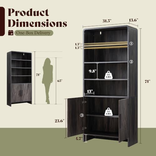 Image of AMERLIFE 71 inch Modern Bookcase Set of 2 with Storage Cabinet, 6-Tier Bookshelf with 3 Adjustable Shelves & Fluted Doors, Wood Curved Display Cabinet for Living Room, Dining Room, Home Office, Dark Grey