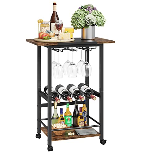 Yaohuoo Bar Cart, Serving Cart For Home, Microwave Cart, Drink Cart, Mobile Kitchen Shelf With Wine Rack And Glass Holder, Rolling Beverage Cart(23.62", 3 Leaves) #TOP28