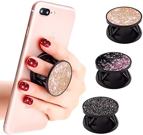 DaBuBu New Version Phone Holder 3 Pack Black Purple Pink Glitter Art Expanding Grip Stand Finger Holder for Smartphone and Tablets
