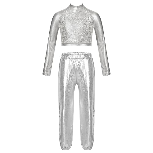 JanJean Kids Girls 2Pcs Dance Tracksuit Shiny Metallic Crop Top with Athletic Sweatpants Jazz Hip Hop Jazz Dance Costume Silver 8 Years