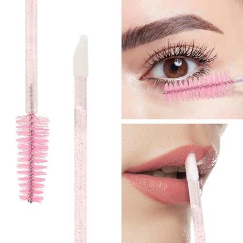 Image of 300 Pcs Disposable Mascara Wands Dual Ended Eyelash Brush Lip Brush, Pink Lipstick Applicator Eyebrow Spoolies Brush for Eyelash Extensions