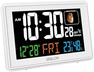 BALDR Atomic Alarm Clock - Large Color Display Digital Desk Clock - With Indoor Thermometer for Temperature & Humidity - Date & Real-Time Moon Phases - Perfect Office Clock or Nightstand Clock (White)