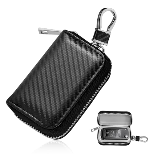 Rdxcv Faraday Bag for Car Key Fob, Anti-Theft Carbon Fiber Auto Keys Holder Storage Case with Zipper, Universal RFID Signal Blocker Portable Key Fob Shielding Pouch for Most Cars