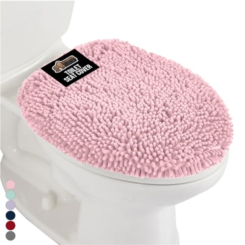 Image of Gorilla Grip Shag Chenille Bathroom Toilet Lid Cover, 19.5 x 18.5 Inches Large Size, Machine Washable, Ultra Soft Plush Fabric Covers, Fits Most Size Toilet Lids for Bathroom, Light Pink