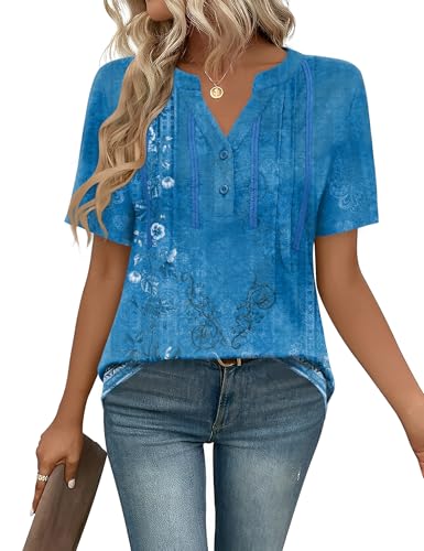 IECCP Women Tops Casual Short Sleeve T-Shirts Summer Dressy Tunic Fashion Floaty Pleated Clothes Buttons Blouses Shirts Blue Floral L (UK 16-18)