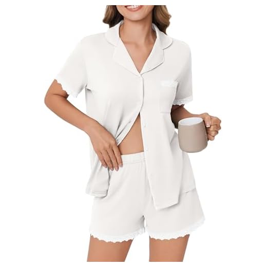 Ekouaer Womens Short Sleeve Pajamas Set Soft Sleepwear Button Down Lounge Set Lace Top and Shorts Pj Nightwear White
