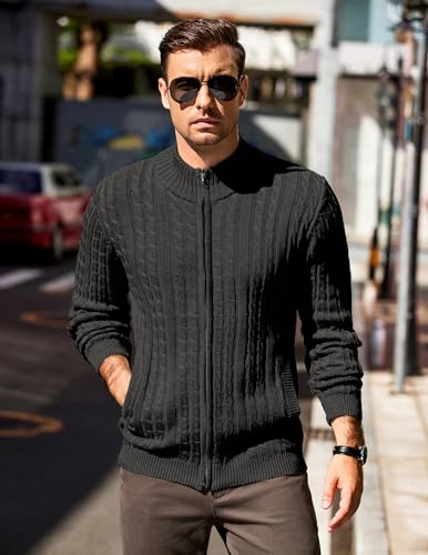Coofandy Men'S Full Zip Cardigan Sweater Slim Fit Cotton Cable Knitted Zip Up Sweater With Pockets Black thumb #1