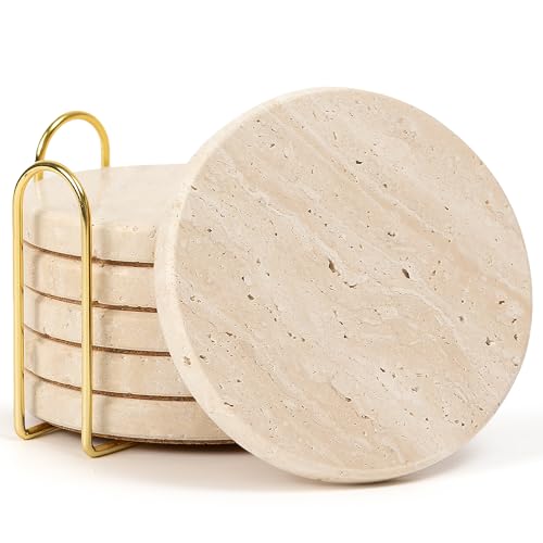 YONGHEE Set of 6 Travertine Marble Coasters with Holder Elegant Rustic Farmhouse Table Accent Neutral Warm Beige Stone Drink Coasters for Any Home Decor Gift Boxed for Housewarming Wedding Hostess