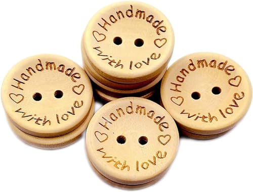 50Pcs Buttons Round 2 Holes Handmade with Love Letter Wooden Button DIY Sewing Decor Sewing Notions and Supplies - 15mm, Sewing Buttons