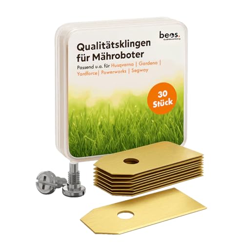 BEOS Lames de Rechange 30 x Premium Titan + vis - Lames de Rechange pour Marques Premium Husqvarna, Gardena, Segway, Yard Force - 0,75 mm d'épaisseur de Lame pour Une Tonte Longue et agréable