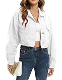 Gacaky Womens Casual Solid Color Ripped Distressed Cropped Denim Jean Jacket Coat With Frayed Hem White S