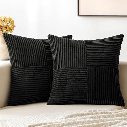Image of MIULEE Black Decorative Throw Pillow Covers 20x20 Inch for Couch Bed Sofa Pack of 2 Boho Farmhouse Throw Pillows Soft Cross Corduroy Patchwork Textured Cushion Cases