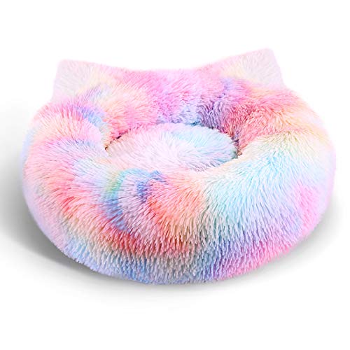 KAMA BRIDAL Marshmallow Calming Cat Bed, Deep Sleeping Pet Bedding, Round Plush Donut Bed for Small Dogs, Cute Ear Design, Soft, Warm Pluffy Indoor Cushion Mat
