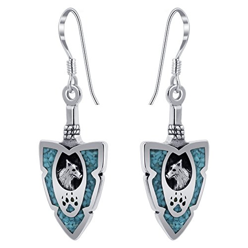Arrowhead Turquoise Wolf with Paw Southwestern Style Sterling Silver Drop Earrings