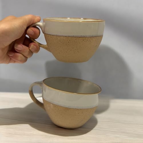 Set de 2 tazones desayuno Tazones De Sopa De Cerámica Taza De Café Grande, Tazas De Sopa Con Asa Apto Para Microondas Y Lavavajillas Para Cereal Postre Ensalada Té Leche de 425cc (beige)