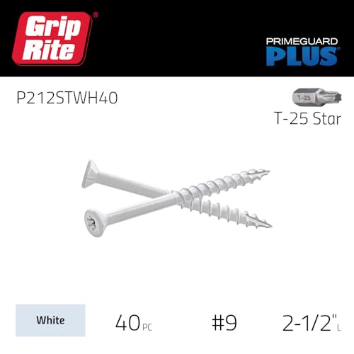 Grip-Rite PrimeGuard Plus Tornillos para Deck Premium para Proyectos al Aire Libre - Cabeza Bugle - Sistema T-25 Estrella - Tornillos para Madera de Rosca Gruesa - 9 x 2-1/2" - Caja con 40 Piezas - Blanco - P212STWH40 miniatura 3