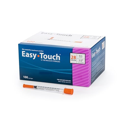 Image of Easy Touch 28 Gauge U-100 Insulin Syringes (28G 1cc 1 /2 inch) with 1 /2 inch Long Needle, 1cc (100 Unit Capacity), Bold Markings for Accurate Dosing, Disposable, Box of 100