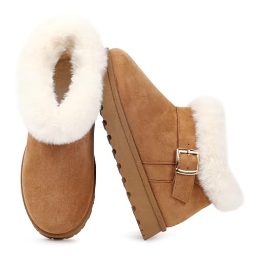 Goldnut Winter Mini Boots for Women: Brown Faux Fur Lining Ankle Snow Booties With Fluffy Trim and Buckle Decor Warm Slip On Comfort Shoes Size 10