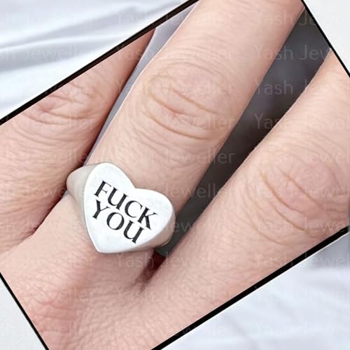 Fuck You Ring, 925 Sterling Silver Heart Signet Ring, Bold Statement Jewelry for Men, Edgy Rebellious Attitude Ring, Punk Rock Middle Finger Ring, Personalized Engraved Silver Ring4