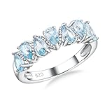 RANDES Aquamarine Rings for Women Pear Cut 7 Stone Half Eternity Wedding Bands Sterling Silver March Birthstone Ring 5mm Wide Light Blue Ring Size 8